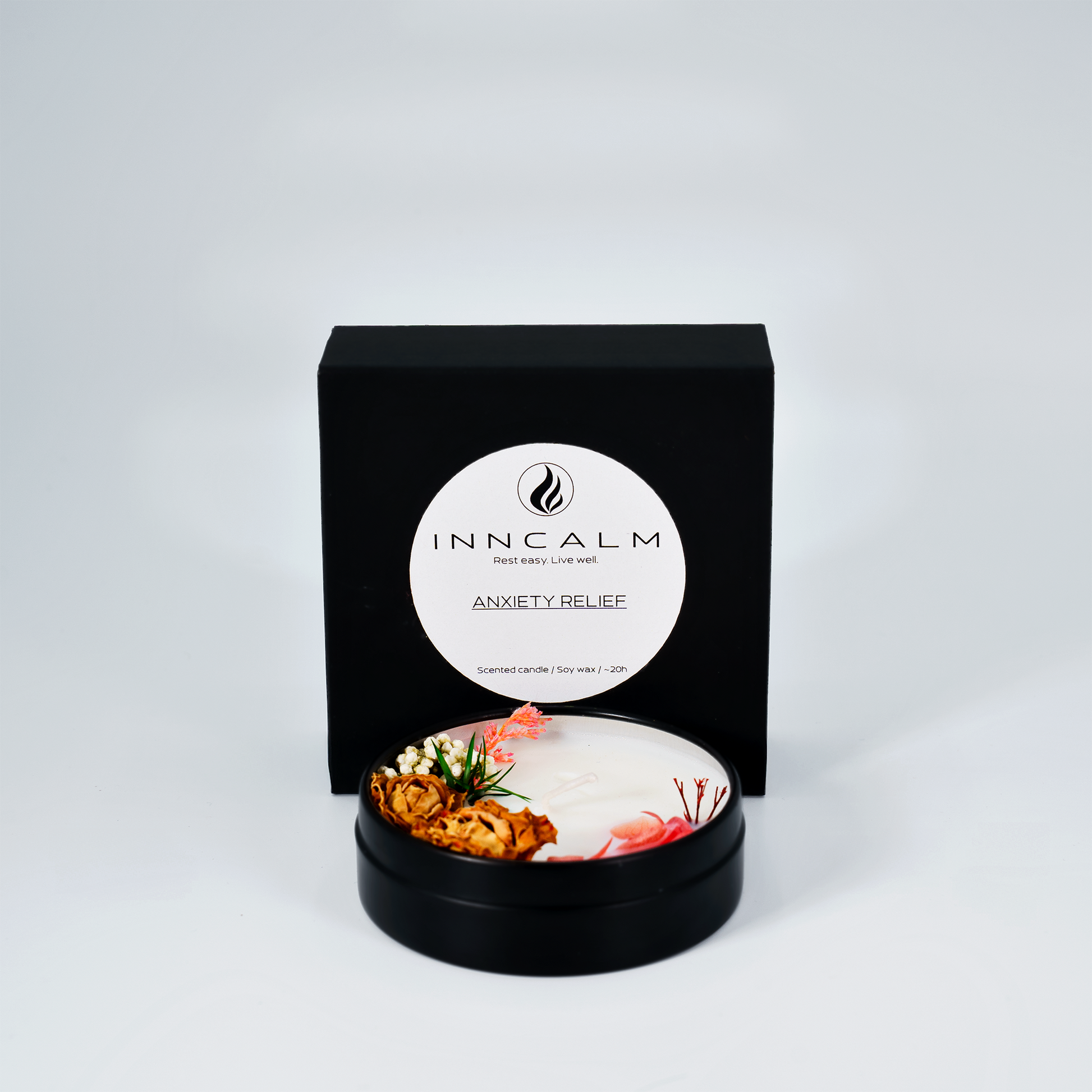 Anxiety Relief soy wax scented candle – back label featuring natural ingredients and benefits for stress relief and mental well-being.