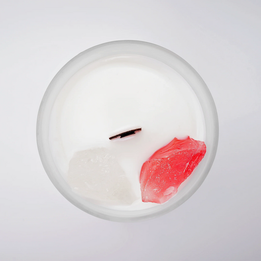 INNCALM soy wax scented candle infused with a crystal decoration, featuring a wooden wick for a long-lasting, even burn.