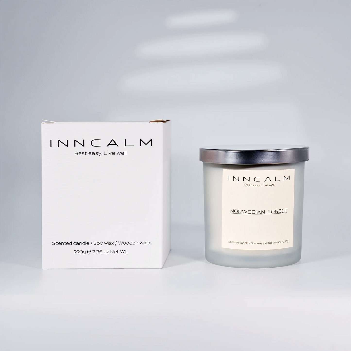 packaging for the INNCALM Norwegian Forest scented candle, ideal for nature lovers, home decor, or thoughtful gifts.