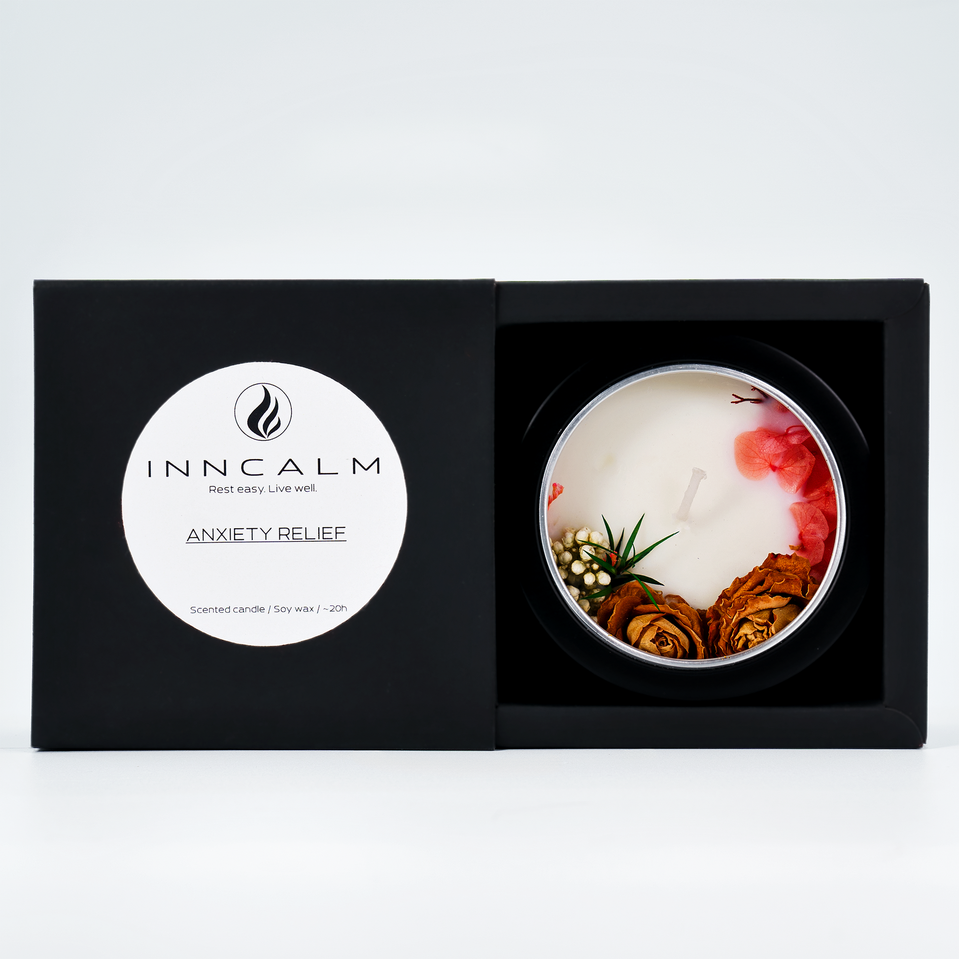 Anxiety Relief scented candle in a tin – calming floral fragrance, designed to reduce stress and promote relaxation.