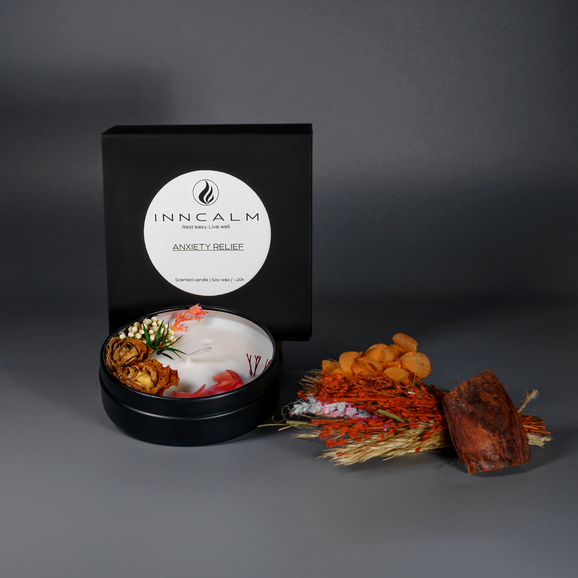 Anxiety Relief aromatherapy candle in a tin – elegant home decor piece designed to create a peaceful and stress-free atmosphere.