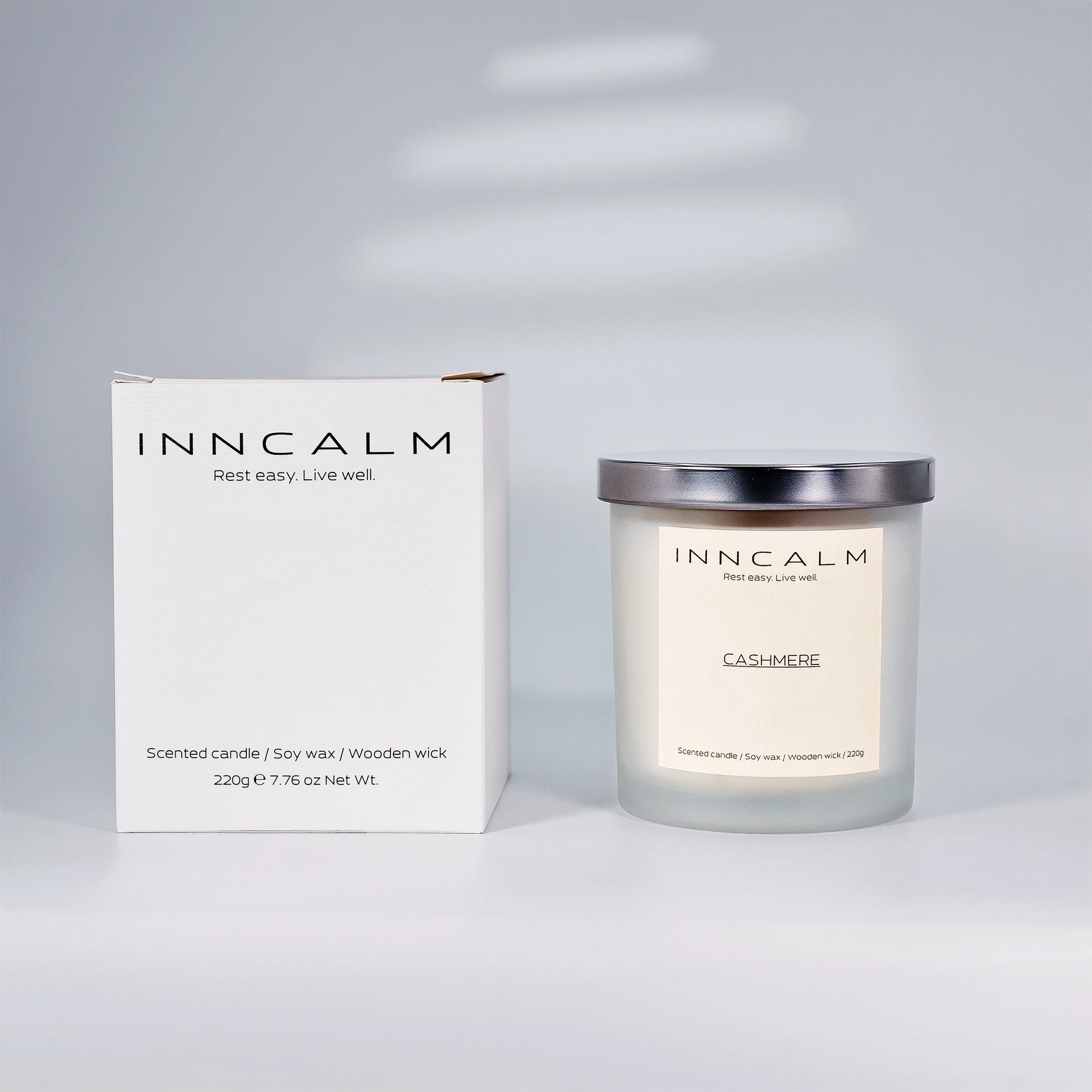 packaging of the INNCALM Cashmere scented candle, a perfect choice for cozy nights, self-care rituals or gift.