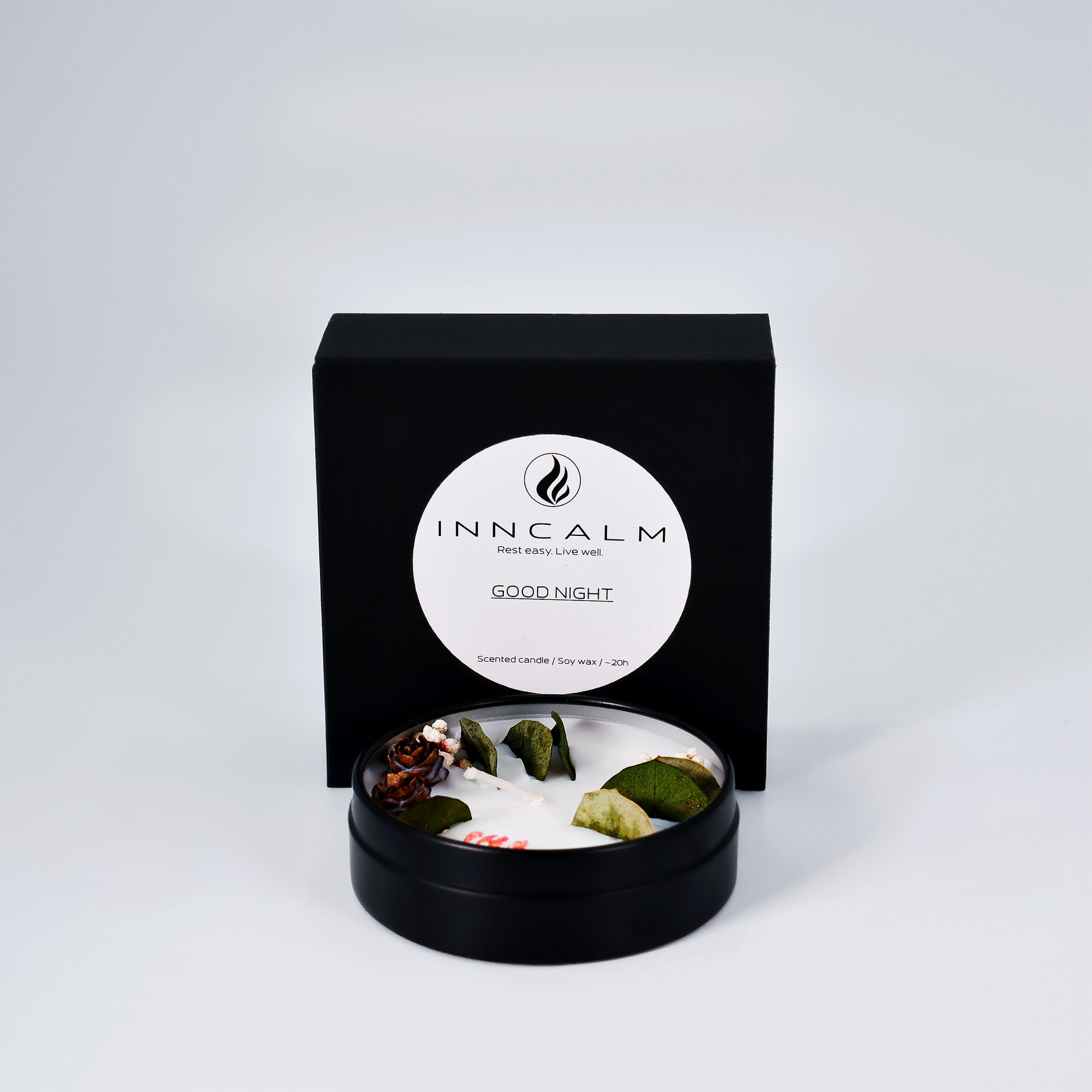 Good Night soy wax scented candle – back label with natural ingredients and calming properties for a restful night.