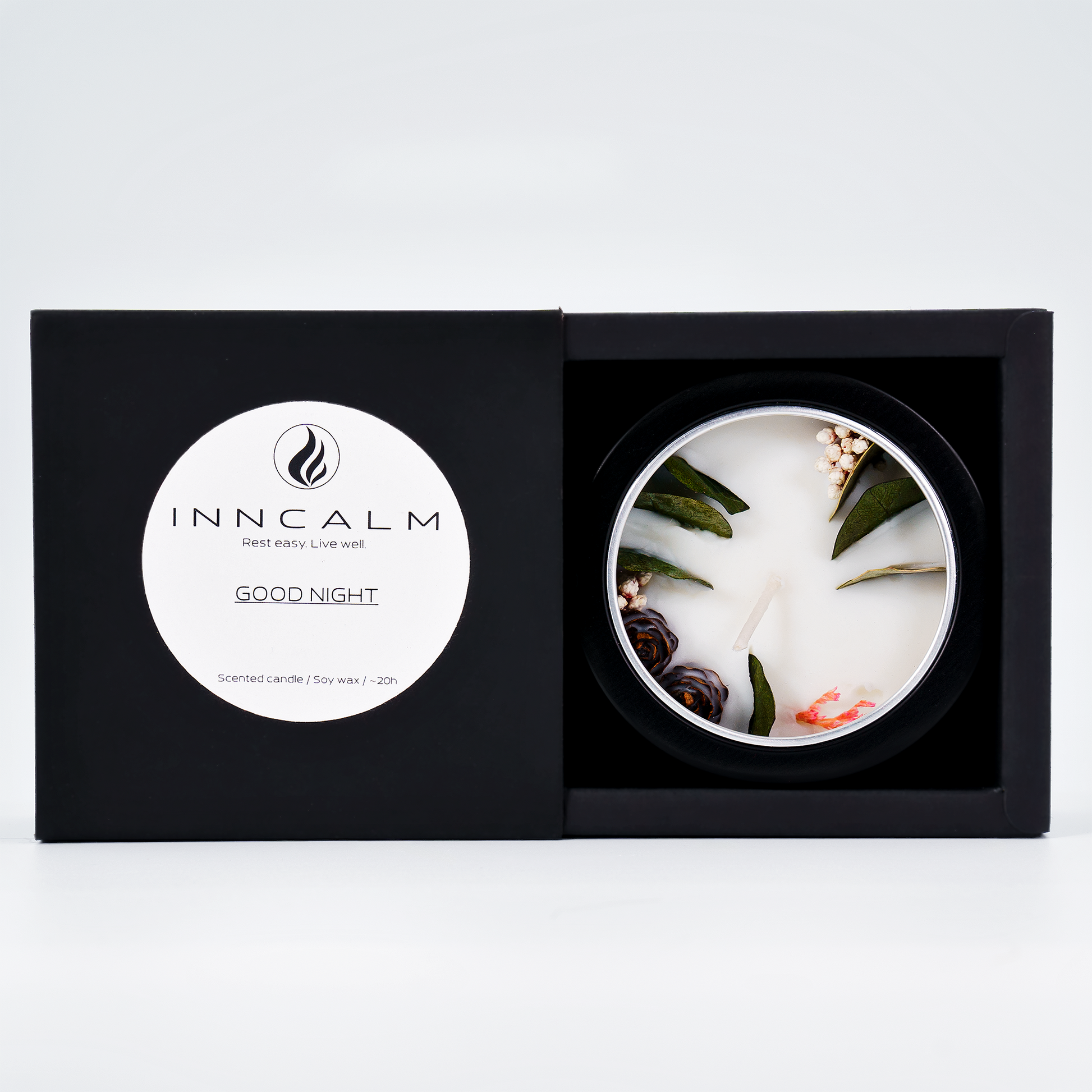 Good Night scented candle in a tin – front packaging with a soothing floral fragrance, ideal for relaxation and better sleep.
