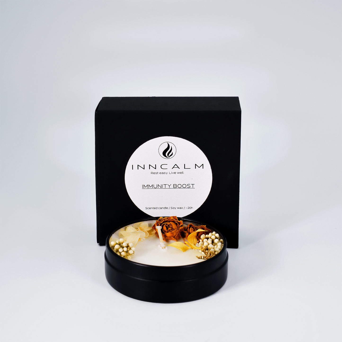 Immunity Boost soy wax scented candle – back label displaying natural ingredients and benefits for enhancing well-being.