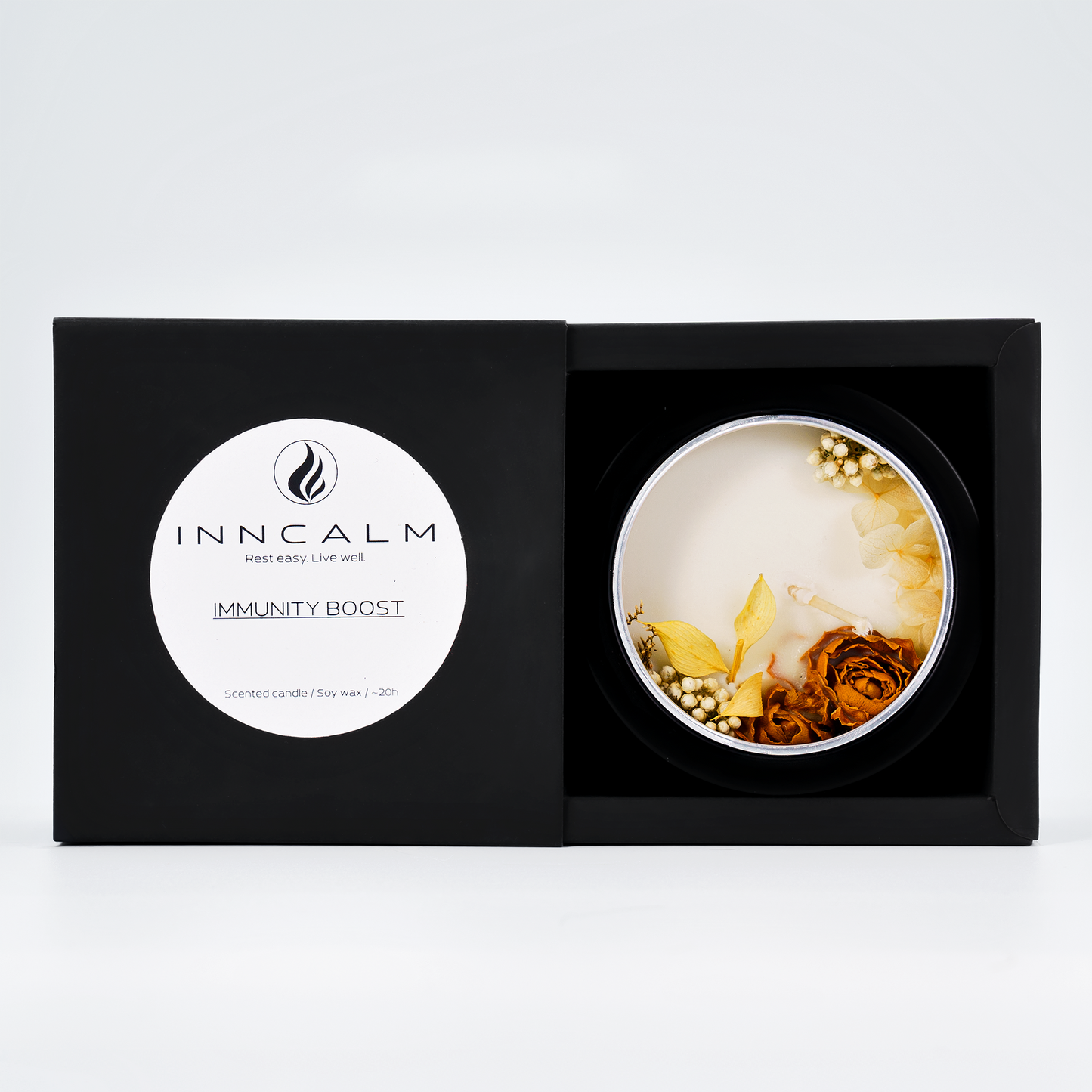 Immunity Boost scented candle in a tin – front packaging with a revitalizing floral fragrance, perfect for a refreshing and uplifting home atmosphere.
