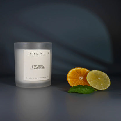 Lime, Basil & Mandarin scented candle in a glass jar, a fresh and citrusy blend, made from natural soy wax and crystal decoration