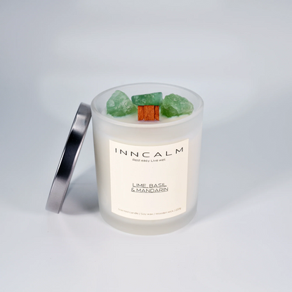 INNCALM Lime, Basil & Mandarin scented candle with a sleek, airtight lid to preserve its vibrant, zesty fragrance.