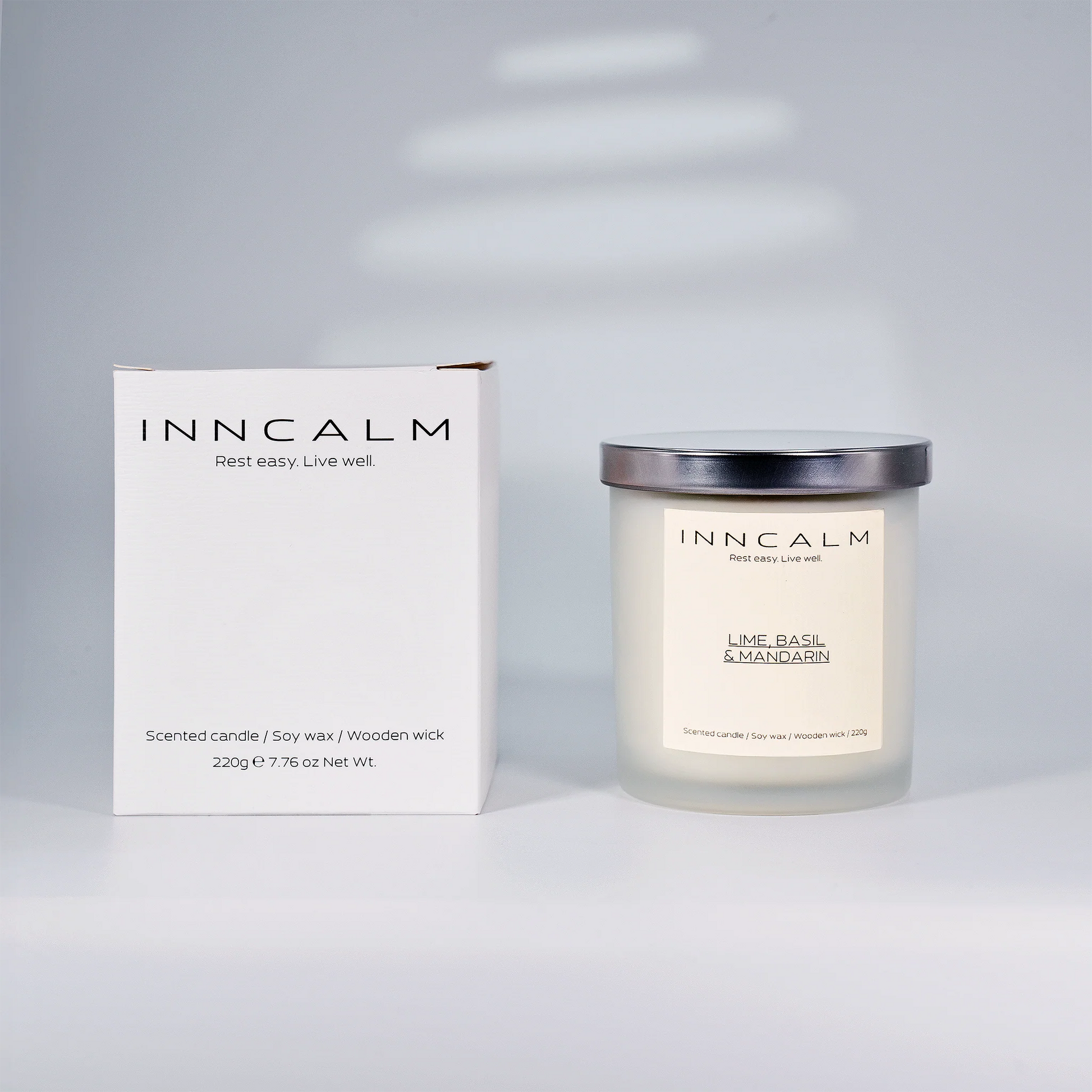 INNCALM Lime, Basil & Mandarin scented candle, perfect as an energizing aromatherapy gift or home fragrance essential.