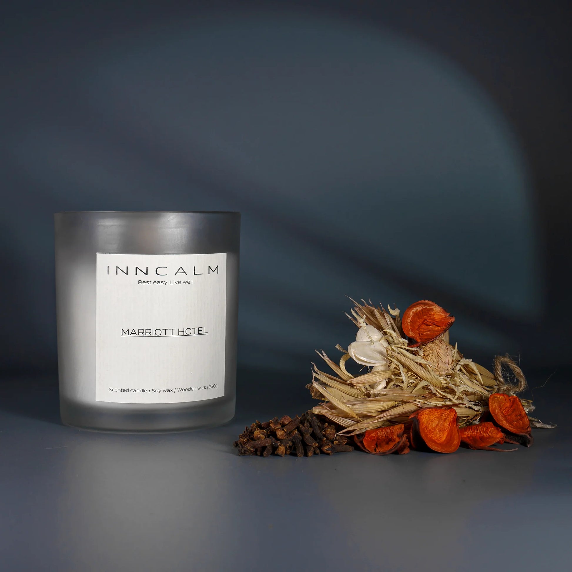 Marriott Hotel scented candle in a glass jar, inspired by five-star hotel fragrances, with a luxurious and calming aroma