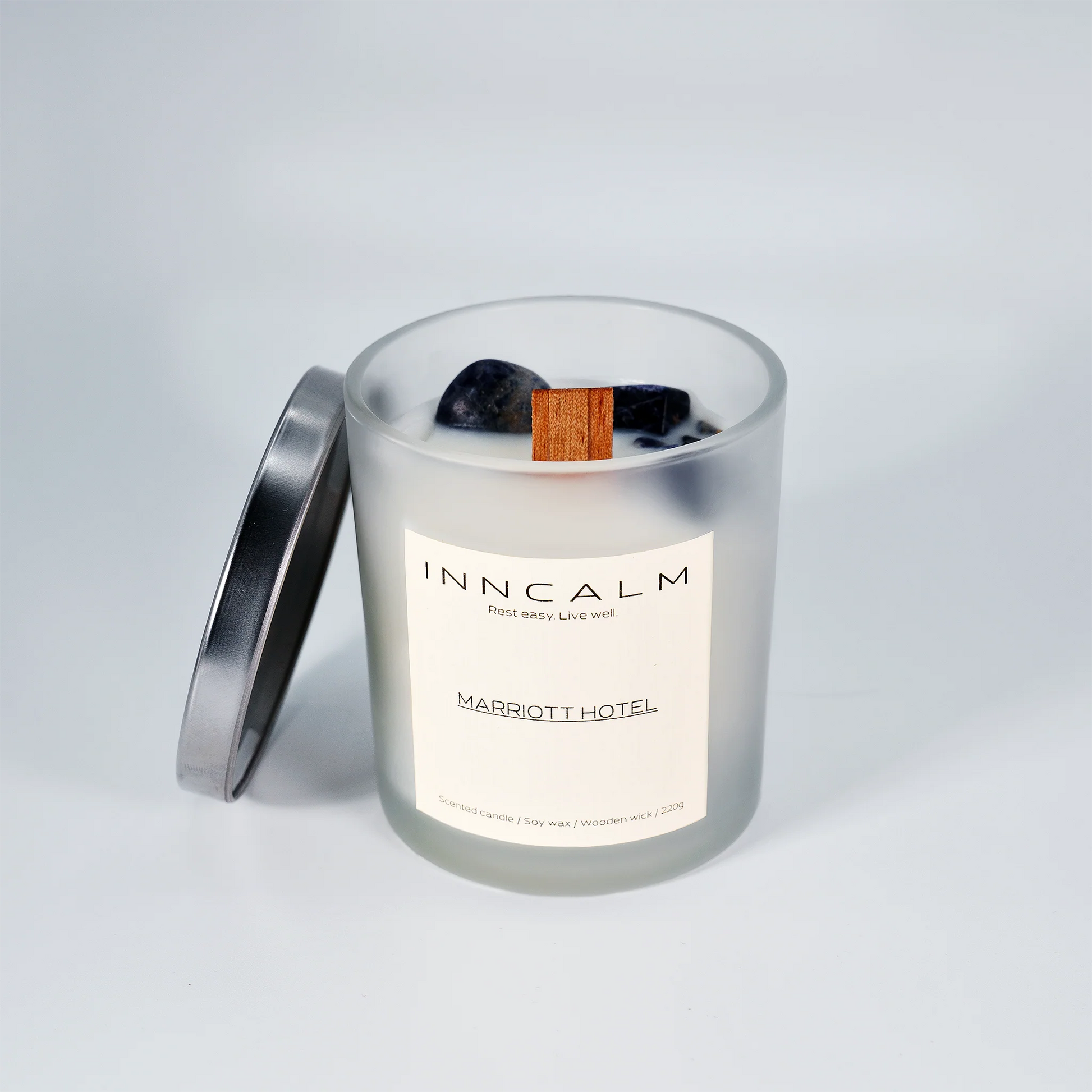 INNCALM Marriott Hotel scented candle with a matching glass lid to preserve the refined, signature Marriott fragrance blend