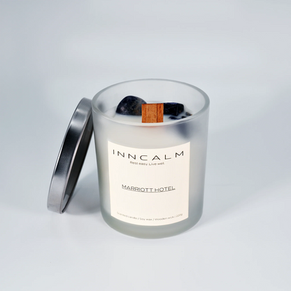 INNCALM Marriott Hotel scented candle with a matching glass lid to preserve the refined, signature Marriott fragrance blend