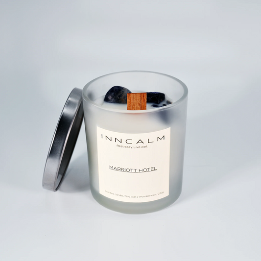 INNCALM Marriott Hotel scented candle with a matching glass lid to preserve the refined, signature Marriott fragrance blend