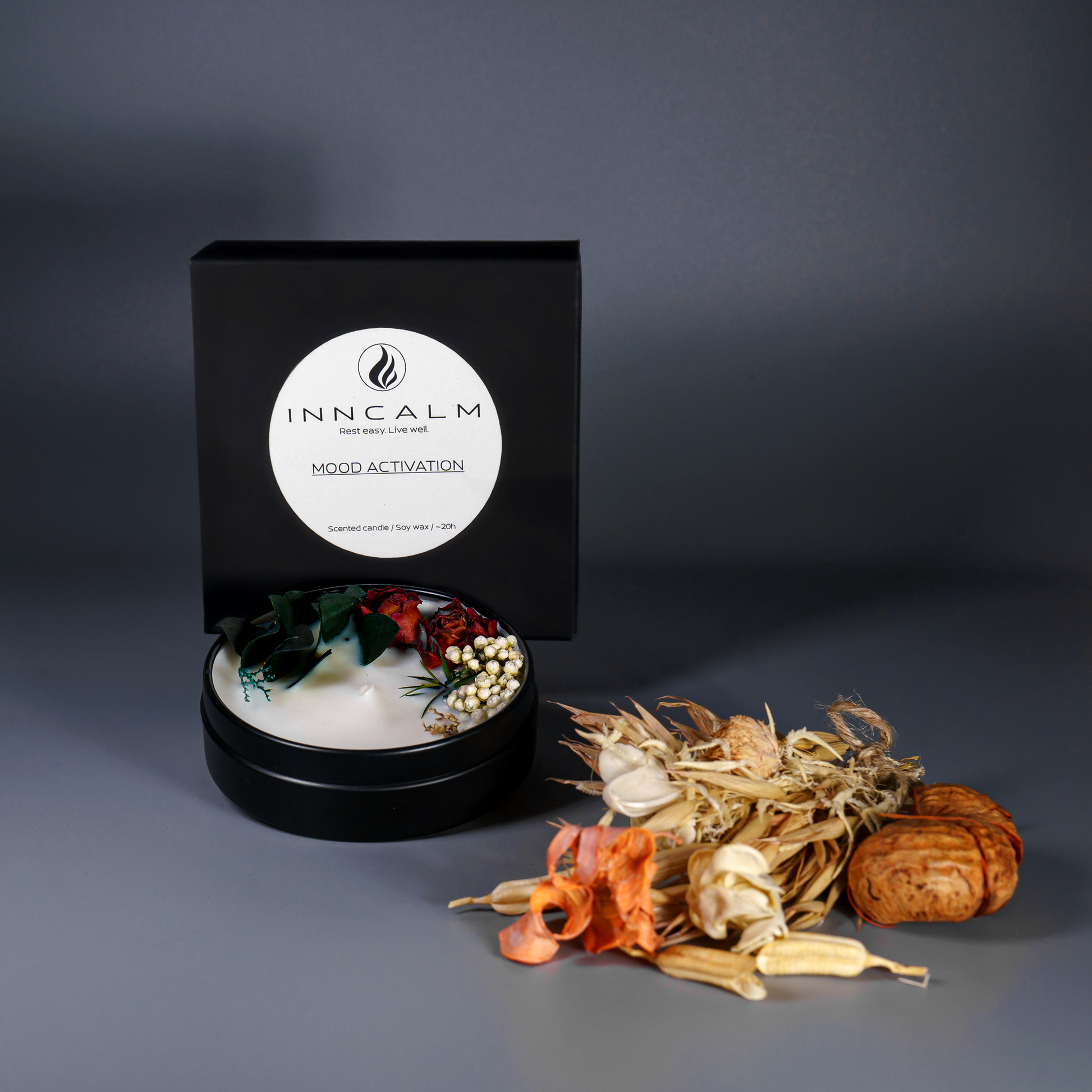Mood Activation aromatherapy candle in a tin – stylish home decor piece, enhancing mood and energy with a floral scent.
