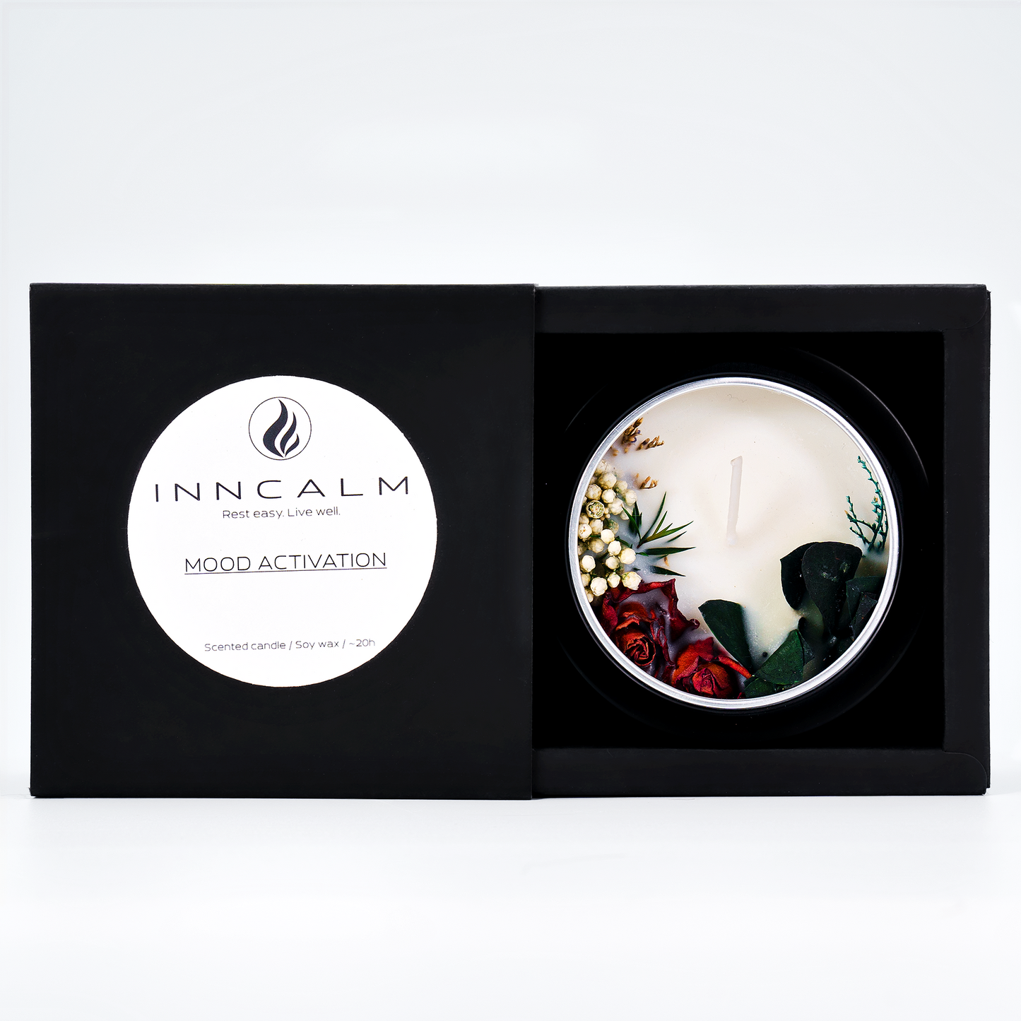 Mood Activation scented candle in a tin – front packaging with an uplifting floral fragrance, perfect for boosting positivity and energy.