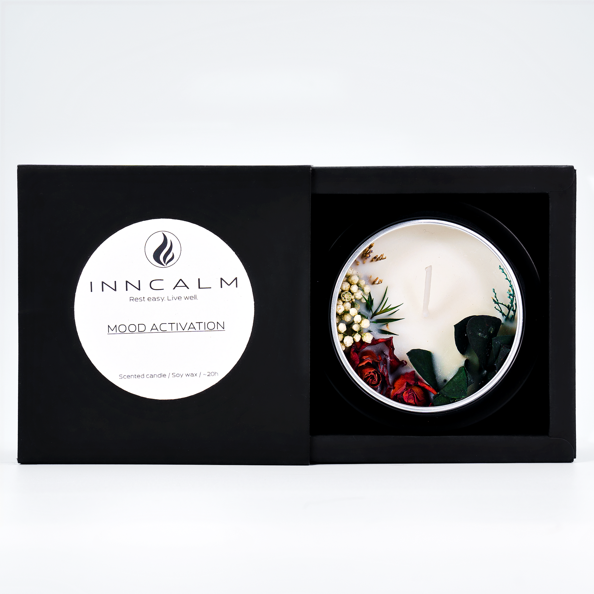 Mood Activation scented candle in a tin – front packaging with an uplifting floral fragrance, perfect for boosting positivity and energy.