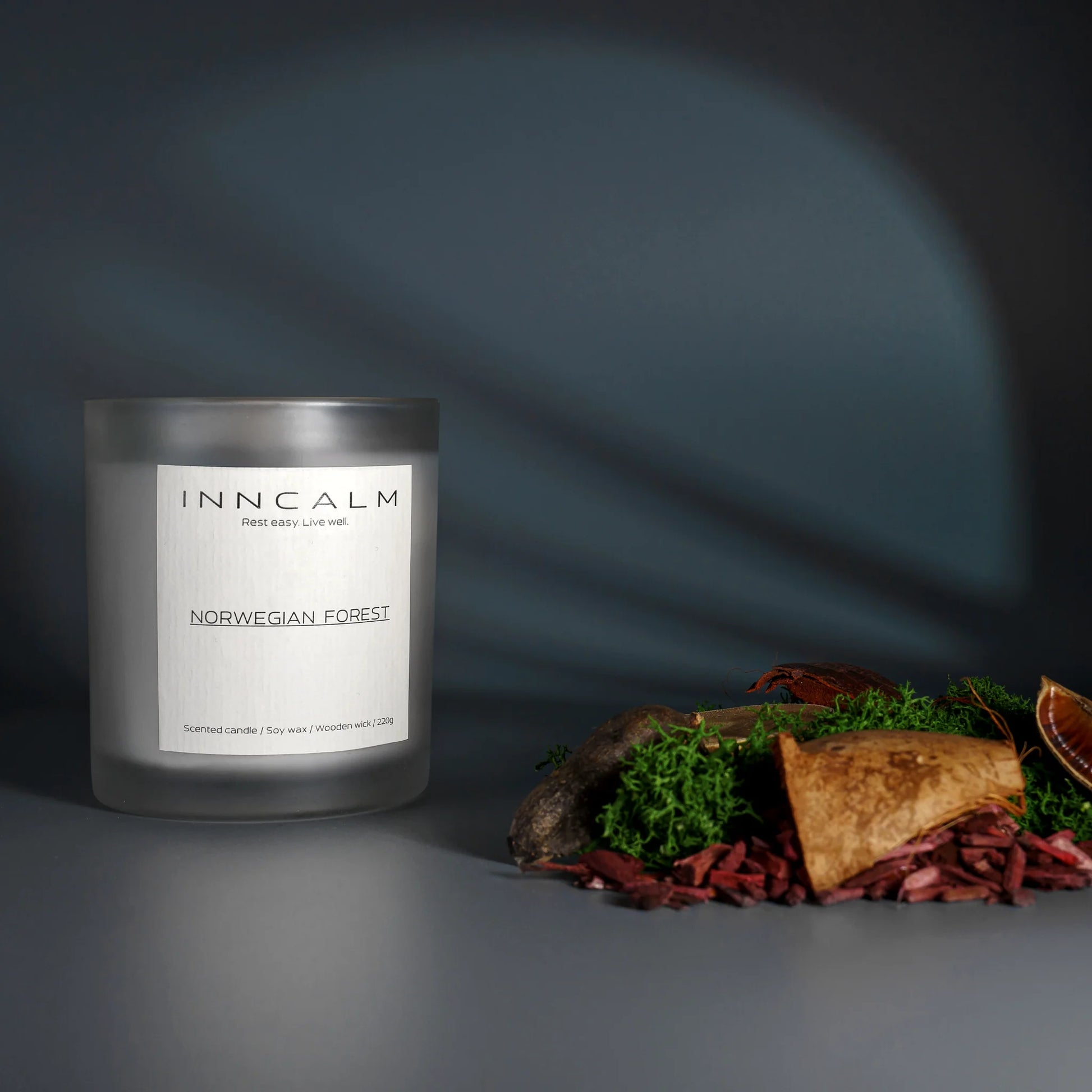 Norwegian Forest scented candle a fresh and woody blend of pine, cedar and fir, made with soy wax and crystal decoration