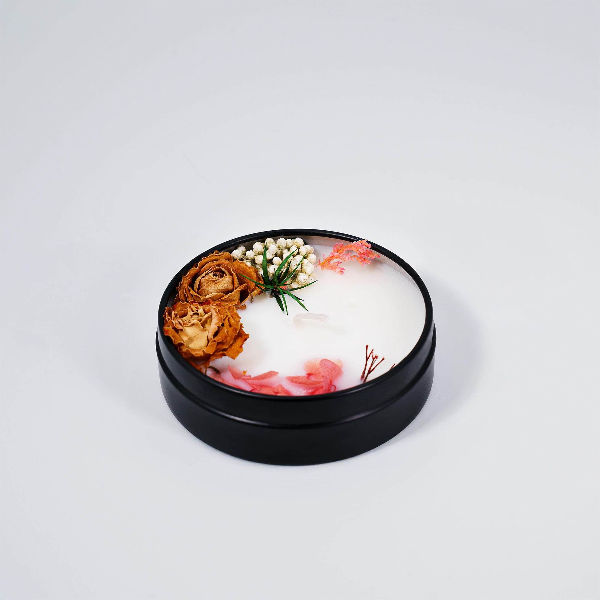 Anxiety Relief scented candle in a tin – top view showcasing natural soy wax with delicate floral decorations for a soothing ambiance.