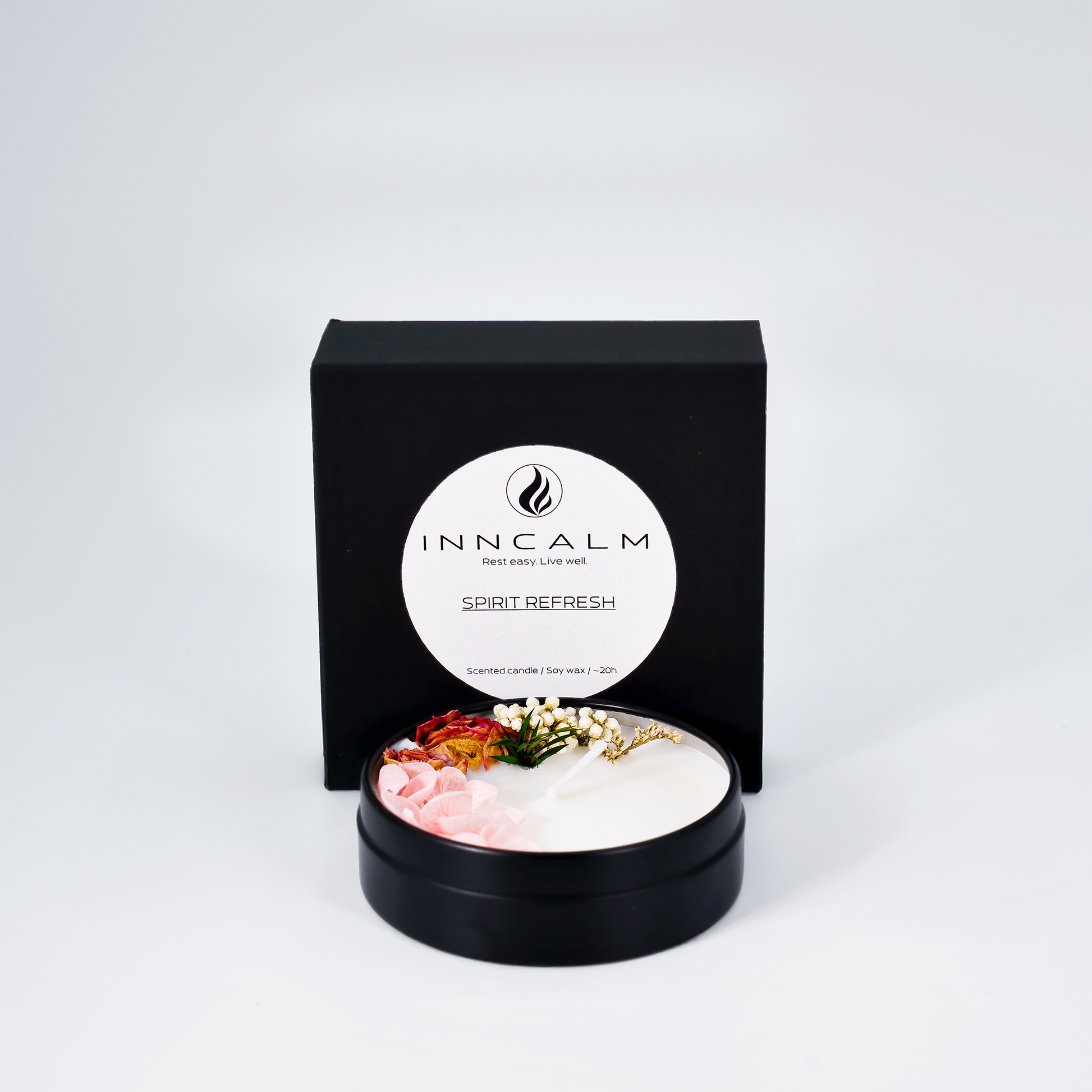 Luxury packaging of Spirit Refresh scented candle – ideal as a thoughtful gift for aromatherapy lovers.