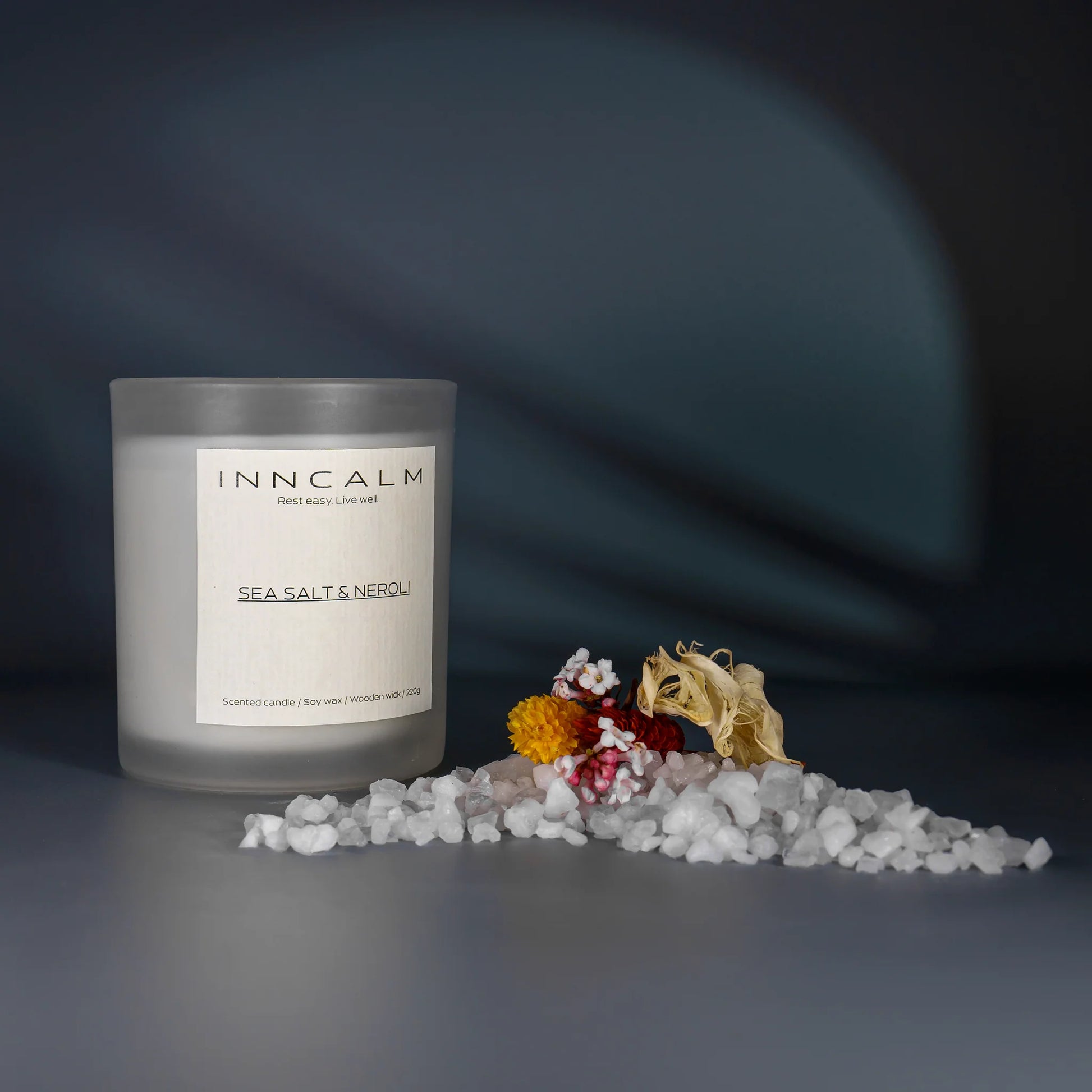 Sea Salt & Neroli scented candle in a glass jar, ocean fragrance with fresh, breezy neroli and salty sea air, natural soy wax