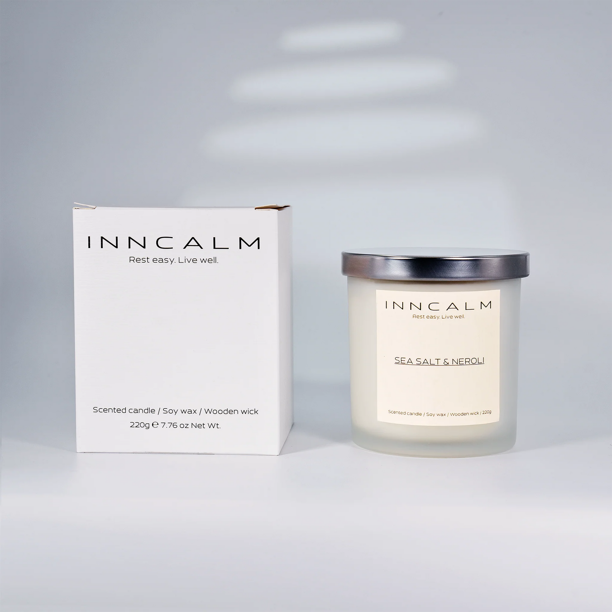 Elegant packaging of the Sea Salt & Neroli scented candle, perfect for gifting, home relaxation, or luxury decor.