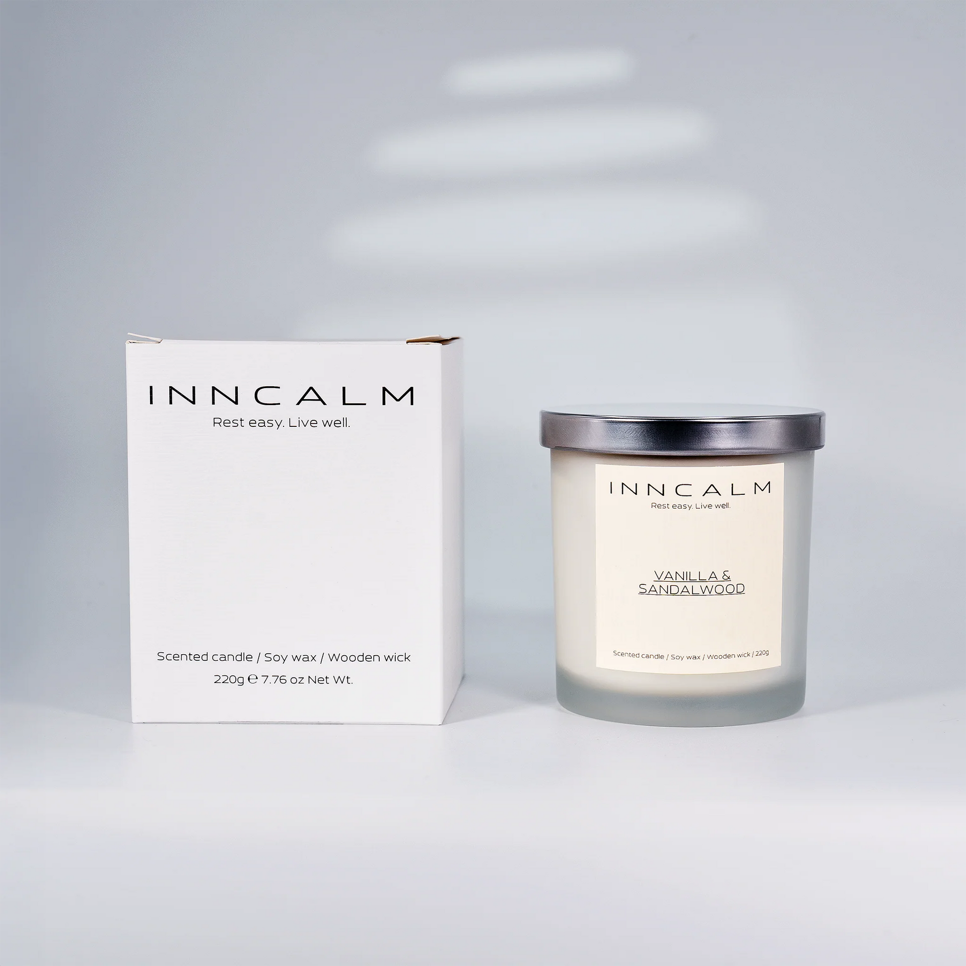 INNCALM designed packaging for the Vanilla & Sandalwood candle, ideal for gifts, relaxation, and home fragrance lovers.